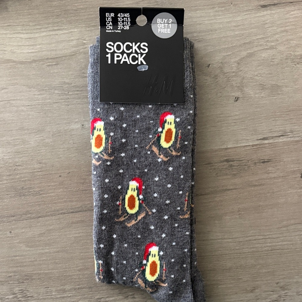H&M Gray Socks with Avocado and Santa Hat Design NWT